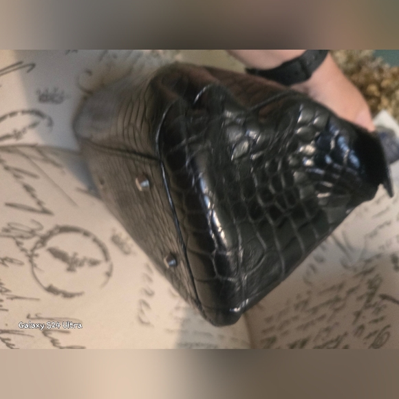 Furla Blk Crocodile Italian Leather Satchel Handbag EUC w/ Twilly - Picture 9 of 13